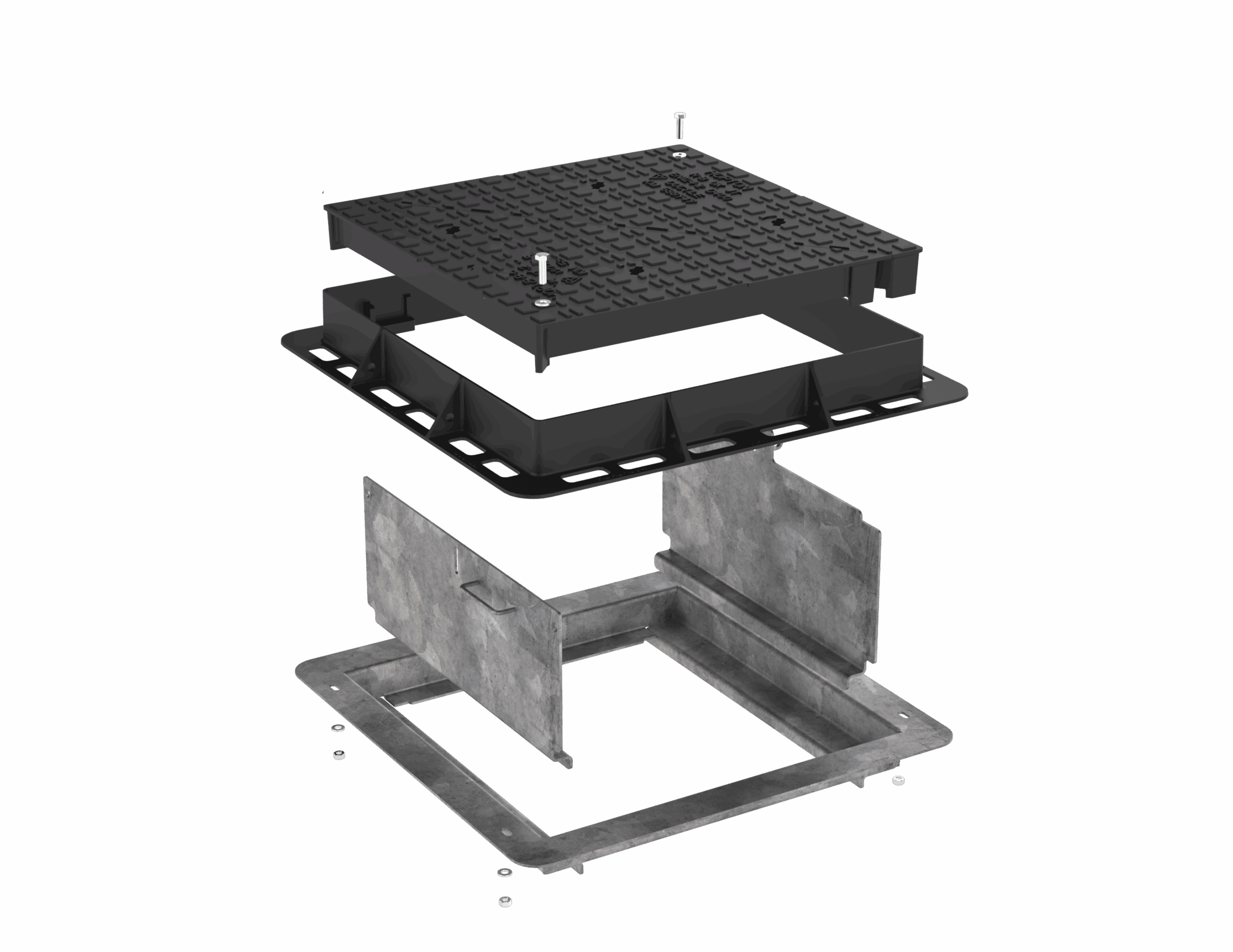 Exploded view of Sentinel high security access cover showing multi-bolt security locking system