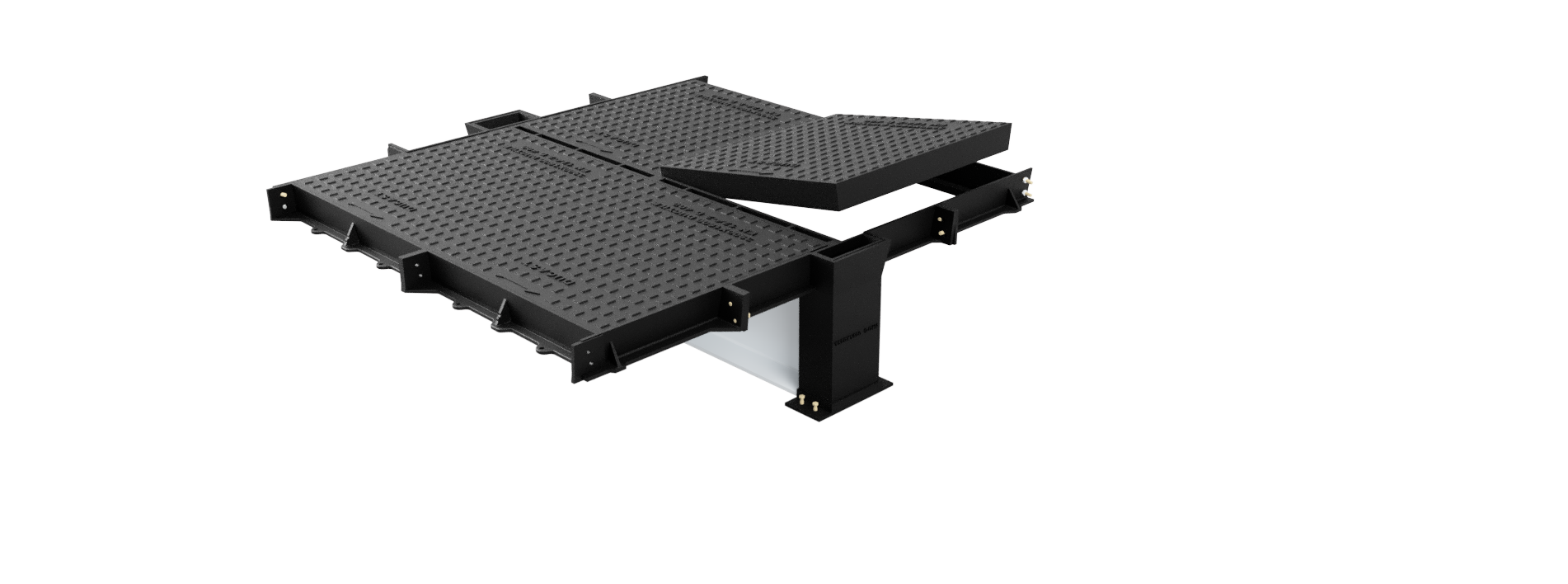 Multi-part cover and frame with one cover lifted, showing the beam holder extending below the frame to support the removable I-beam