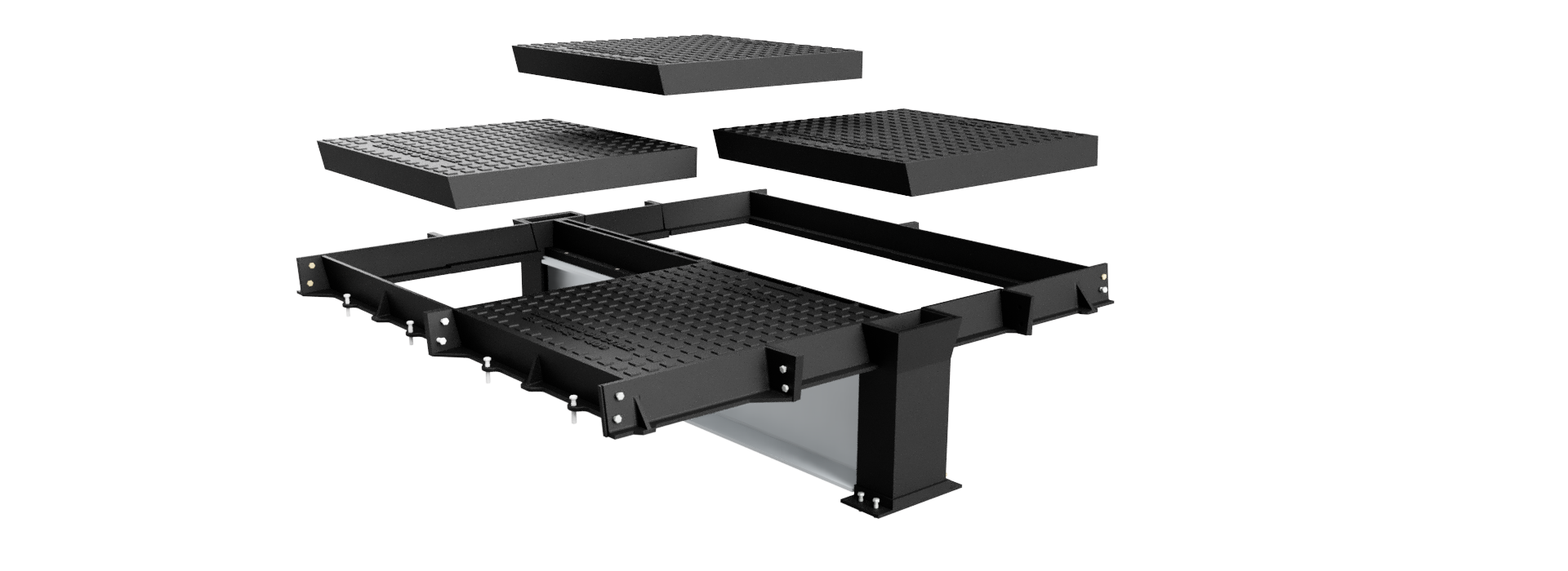 Exploded view of a multi-part access cover showing the bolted frame sections, removable I-beam and beam holder, with covers lifted above