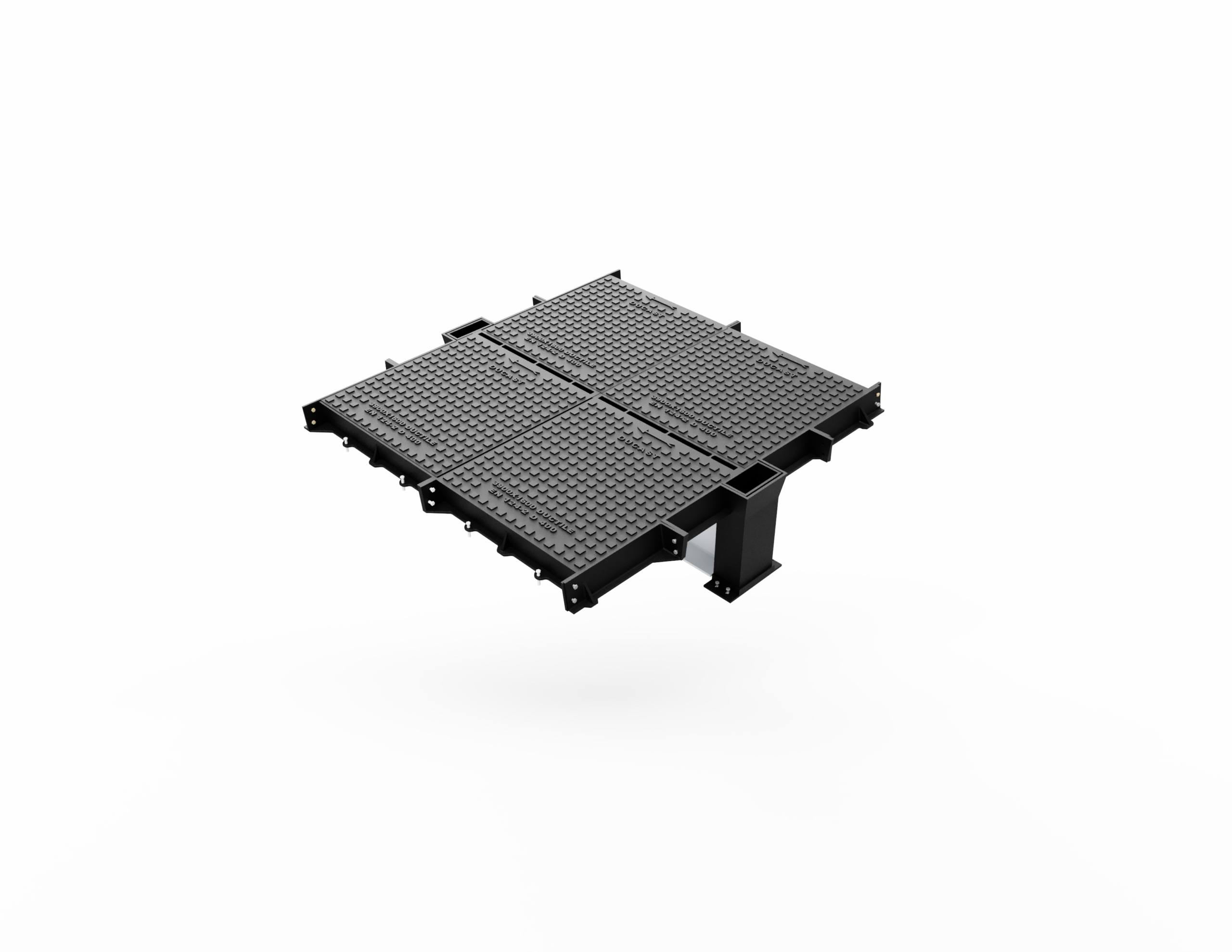 Four-part ductile iron multi-part cover and frame with a single removable support beam held in beam holders at each end